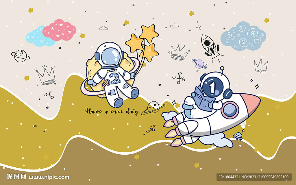 可爱卡通宇宙太空儿童房背景墙