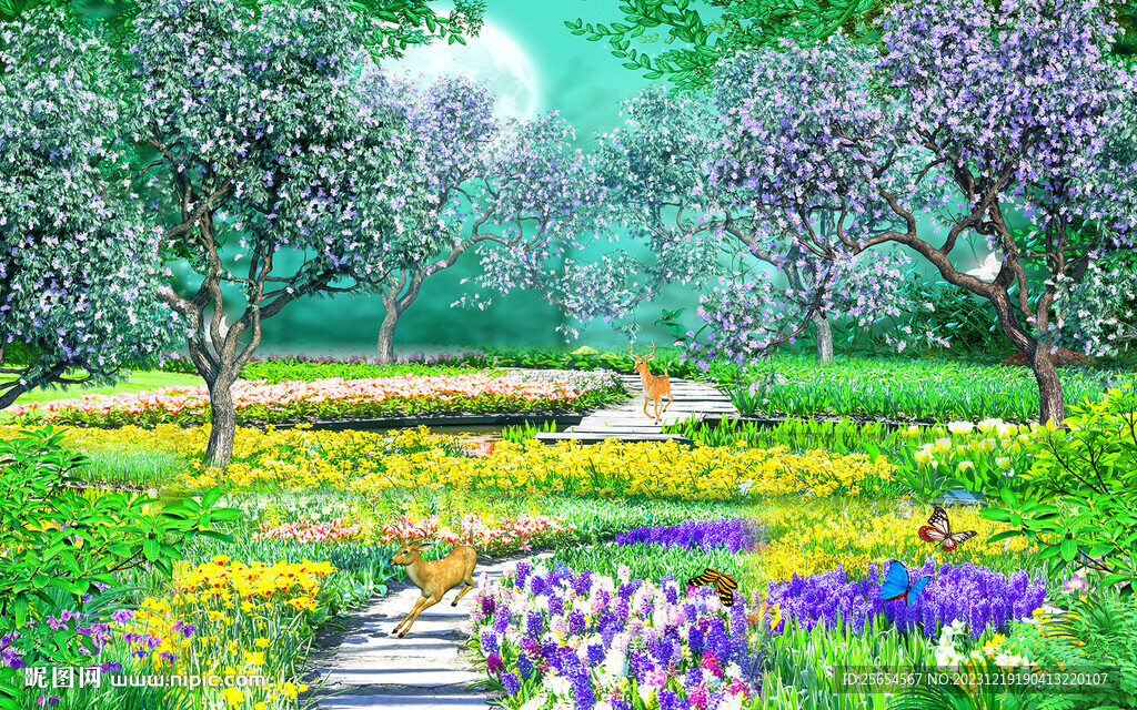 梦幻樱花花鸟背景墙