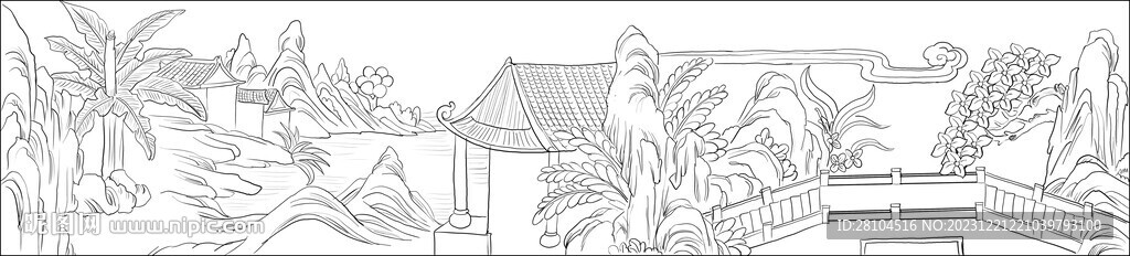 白描古建图 