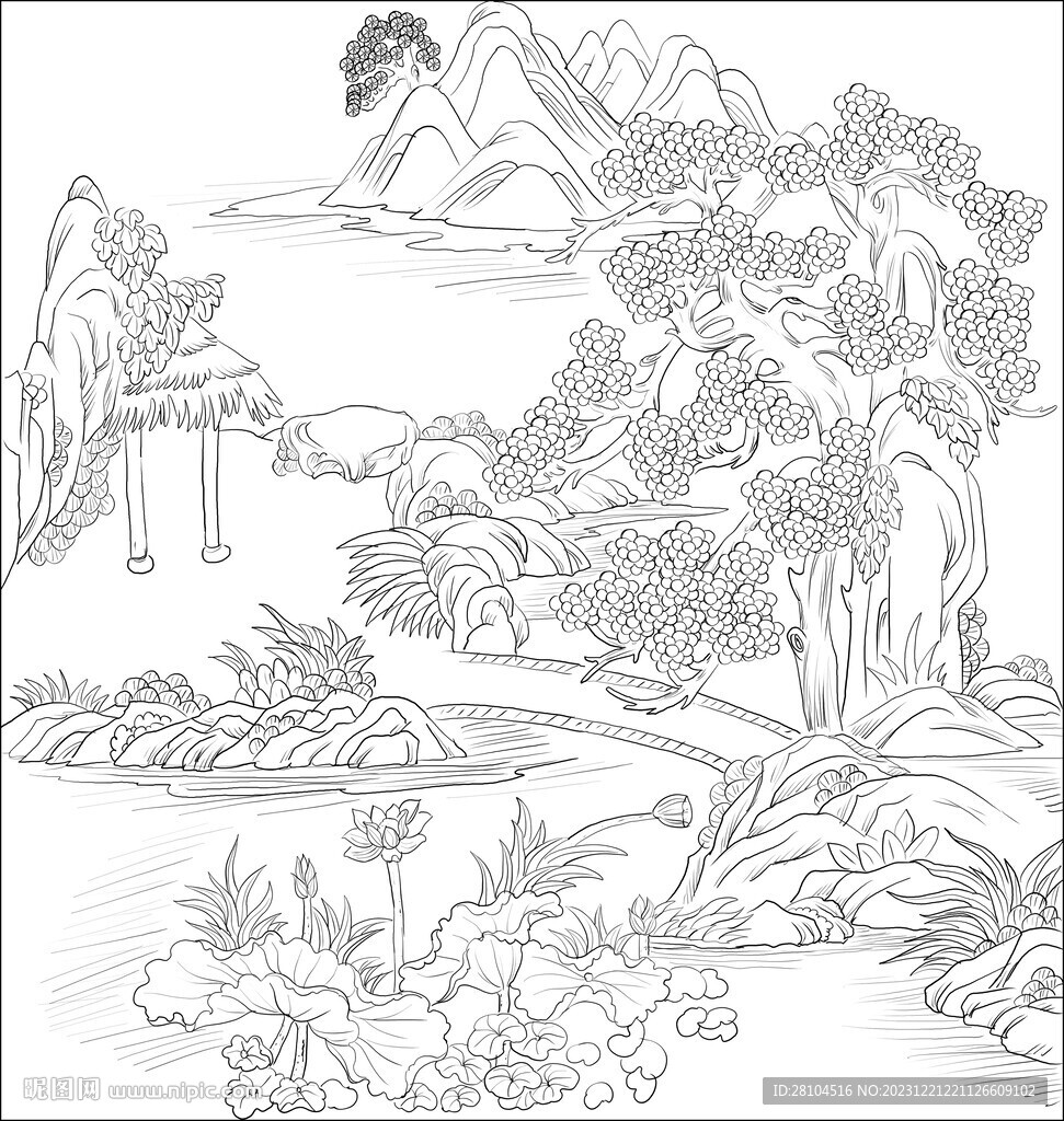 白描山水