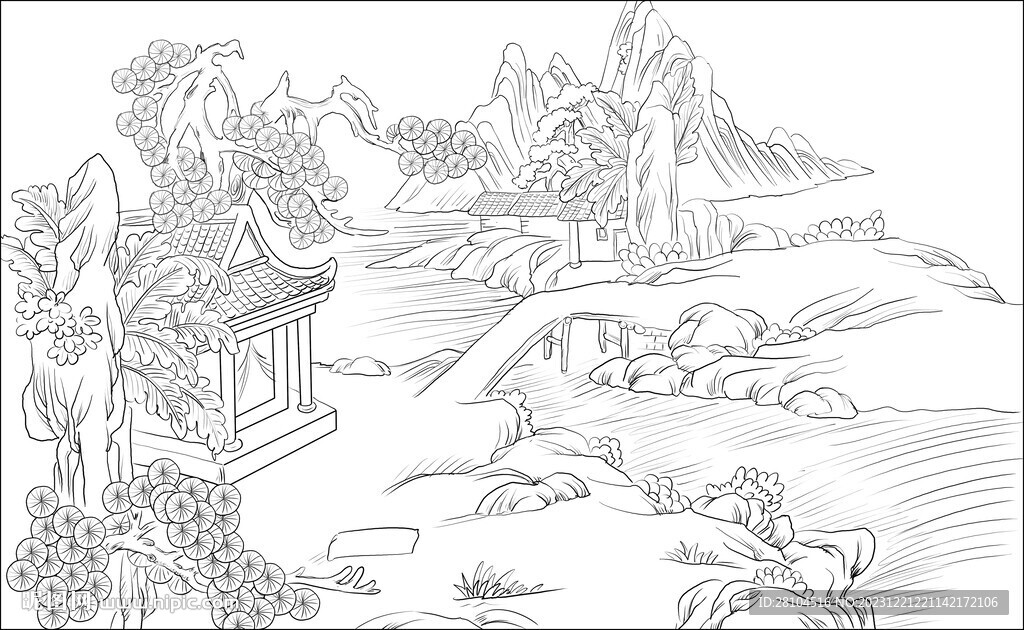 白描古建图