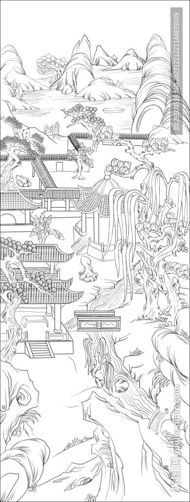 白描古建图