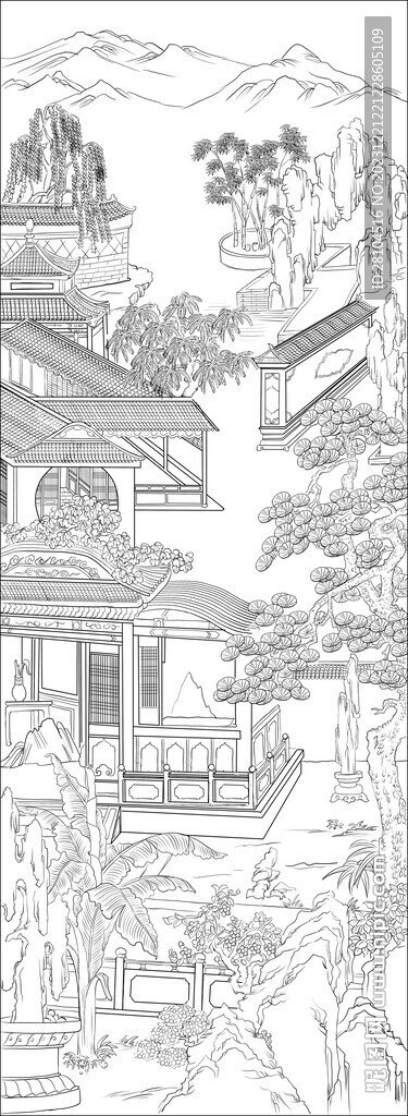白描古建图 