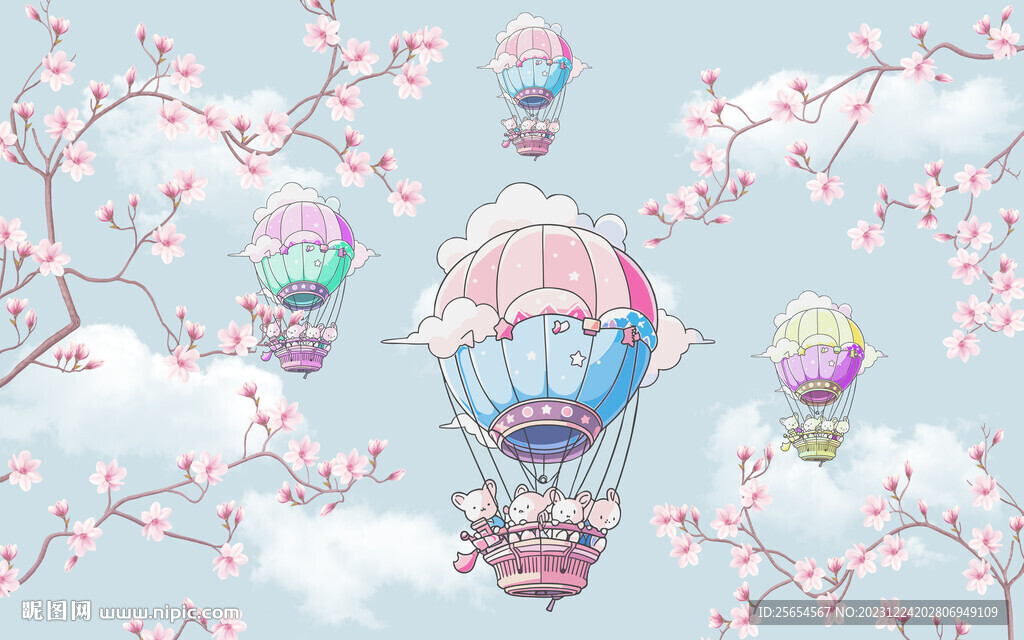 浪漫樱花热气球云朵儿童房背景墙