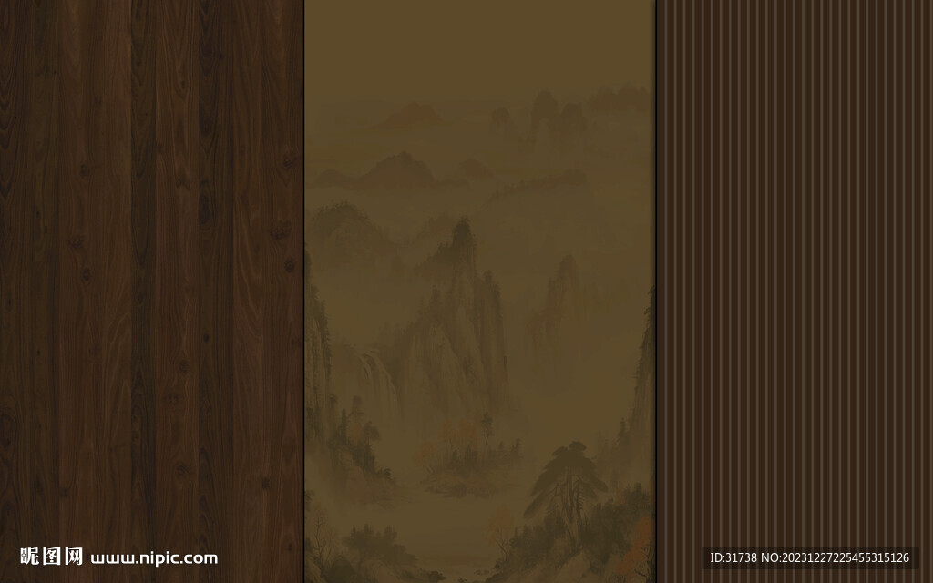 中式格栅木纹山水画天花软膜