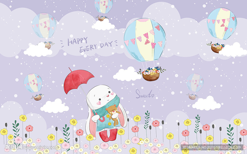 可爱卡通小兔热气球儿童房背景墙