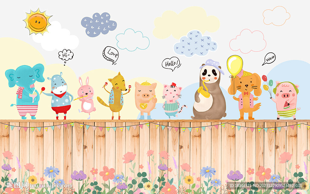 可爱卡通小动物花丛儿童房背景墙