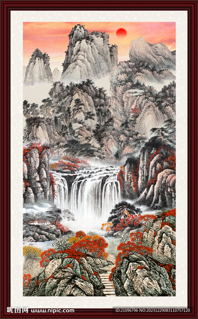 瀑布山水画 