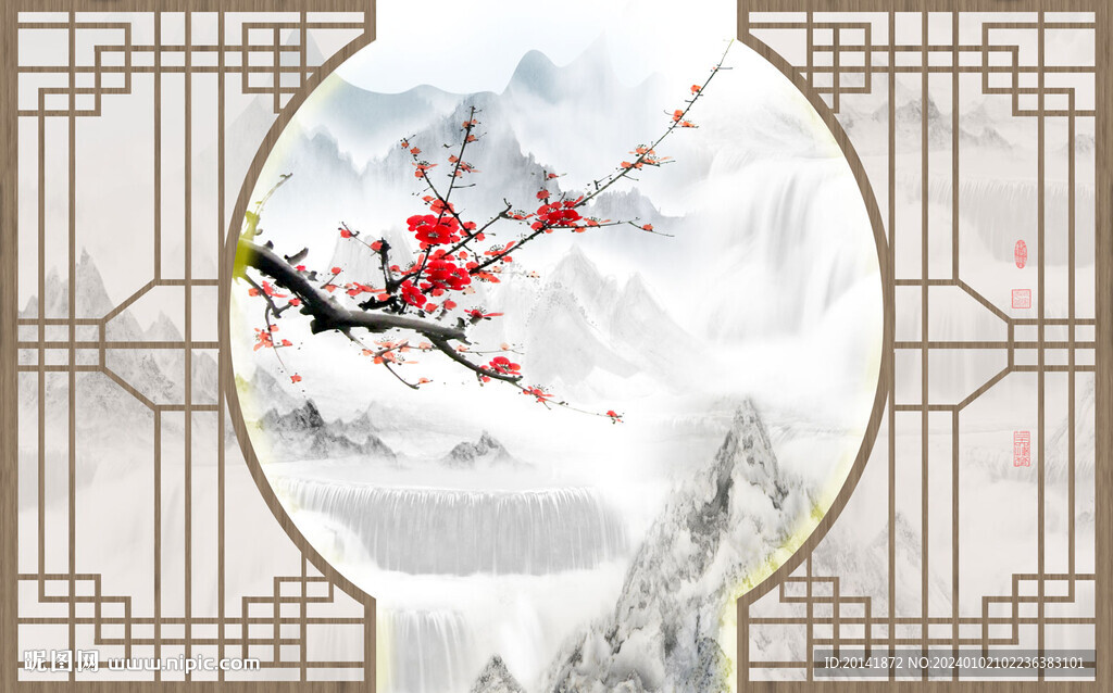 梅花石纹山水沙发背景