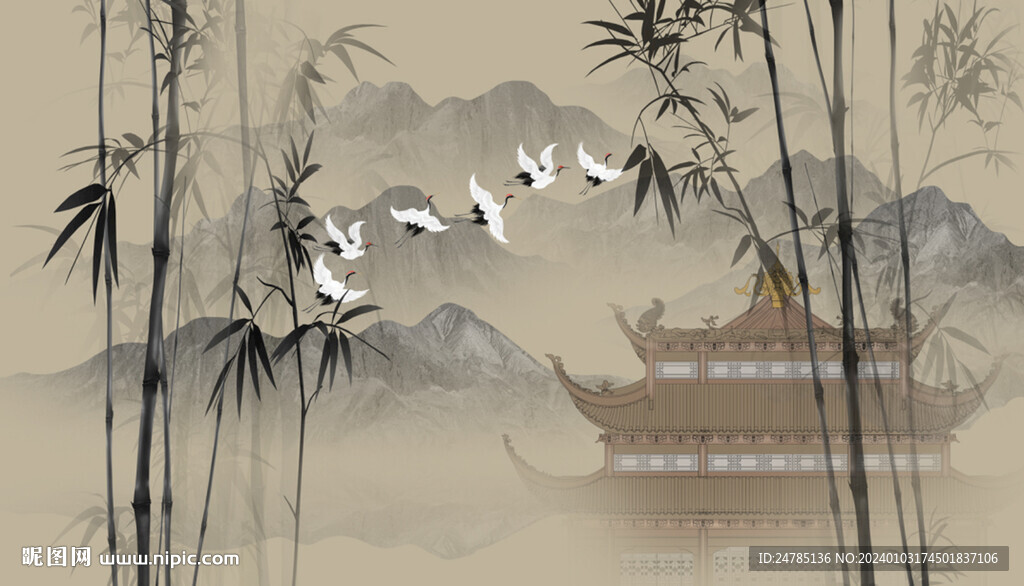 水墨竹子楼阁山水画