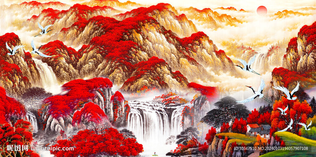 中式瀑布山水画