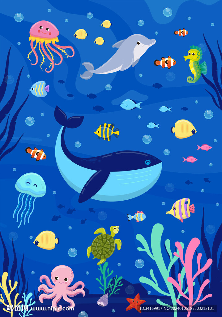 可爱海豚卡通鲸鱼海底热带鱼背景
