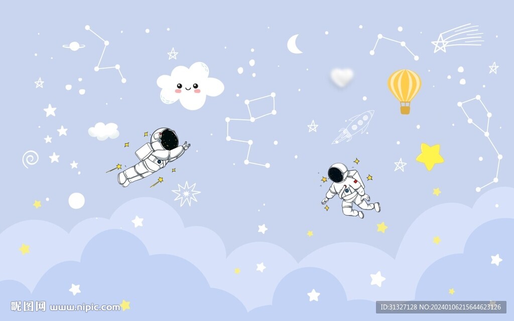 卡通太空人手绘风格背景墙