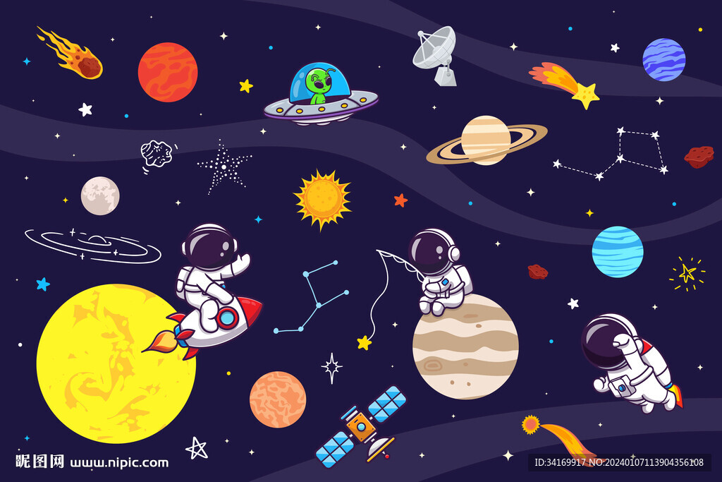 卡通太空星球宇航员火箭星空背景