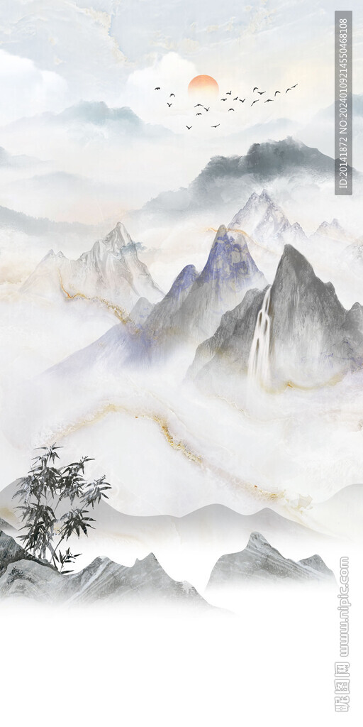 新中式石纹山水玄关背景