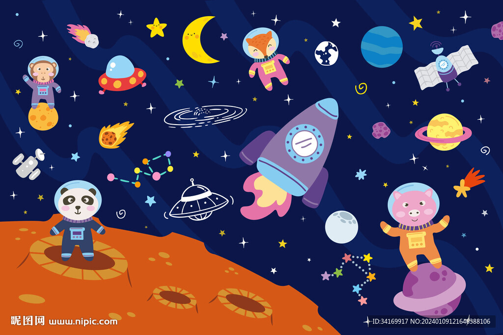 卡通动物宇航员火箭星球太空背景