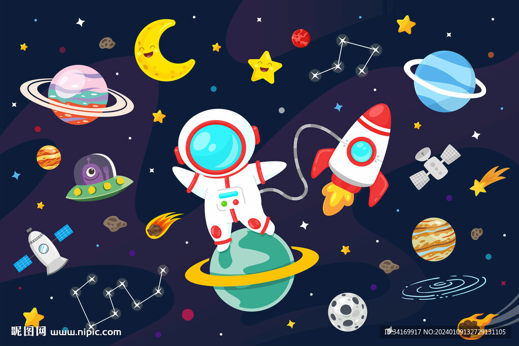 卡通宇航员太空星球火箭星空背景