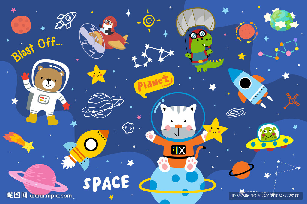 可爱动物卡通宇宙星球太空背景墙