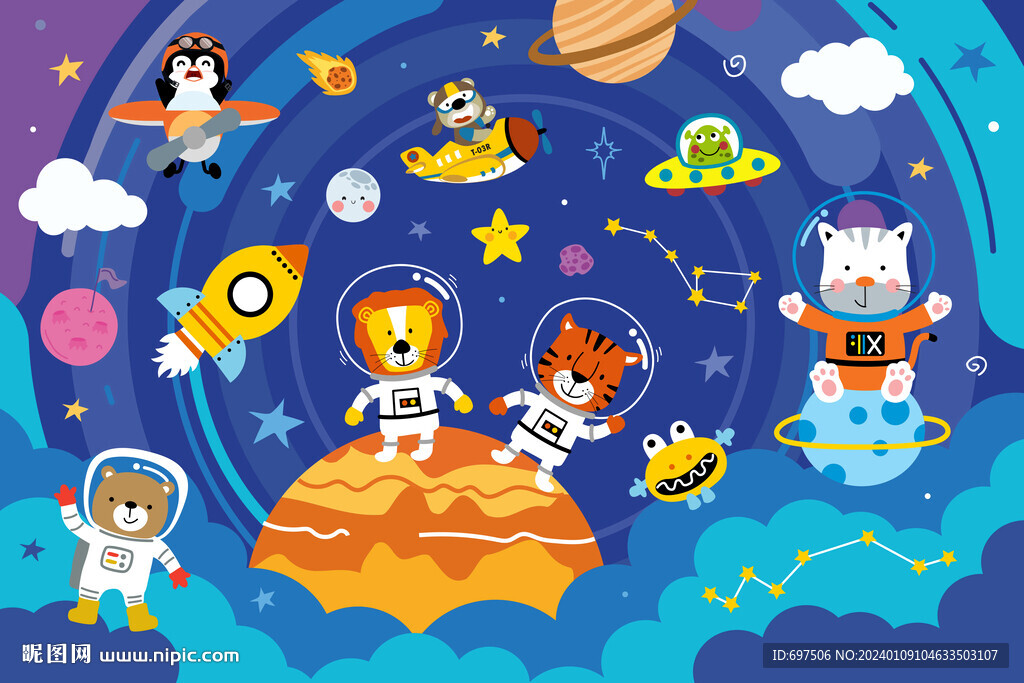 可爱动物卡通太空火箭星球背景墙