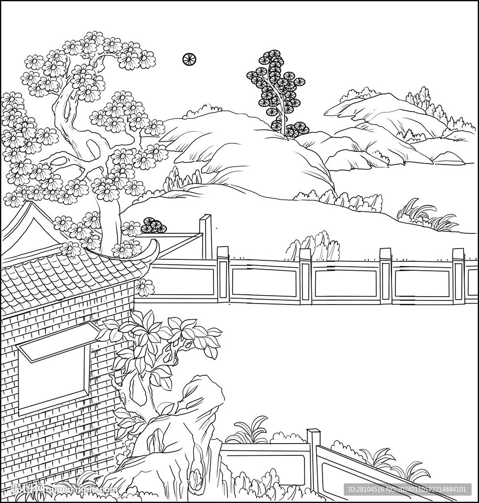 白描古建图 