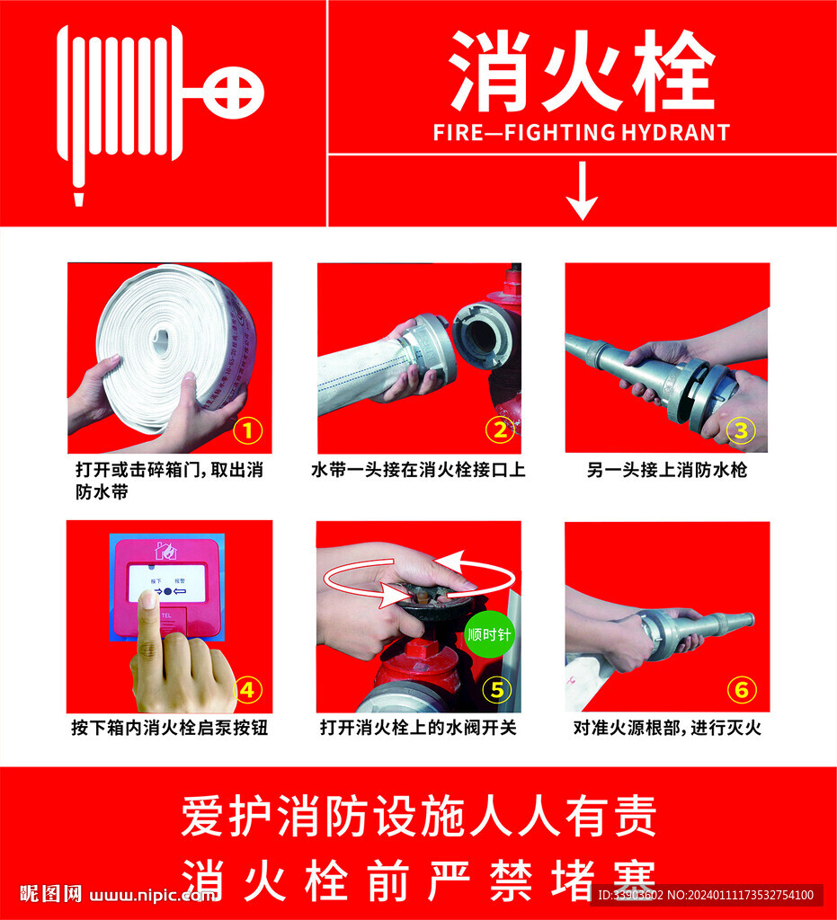 红色告示消火栓使用教程指导提示