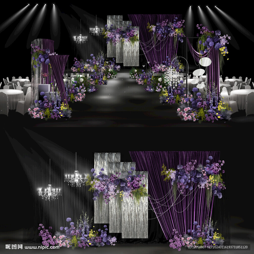紫色花艺雨丝线帘布幔婚礼效果图