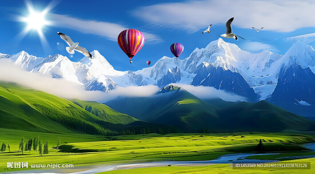 雪山草原风景画