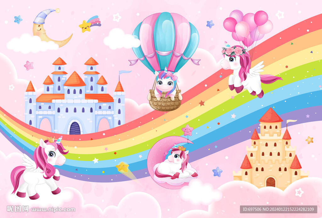卡通城堡可爱独角兽彩虹气球背景