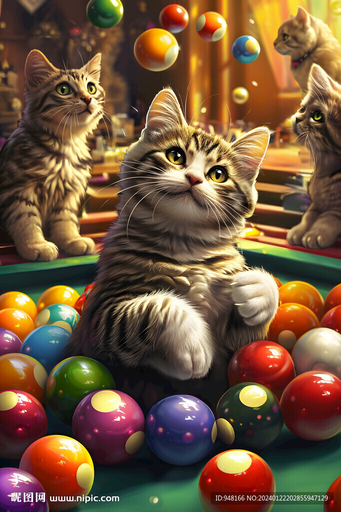 可爱猫咪台球壁画挂画设计