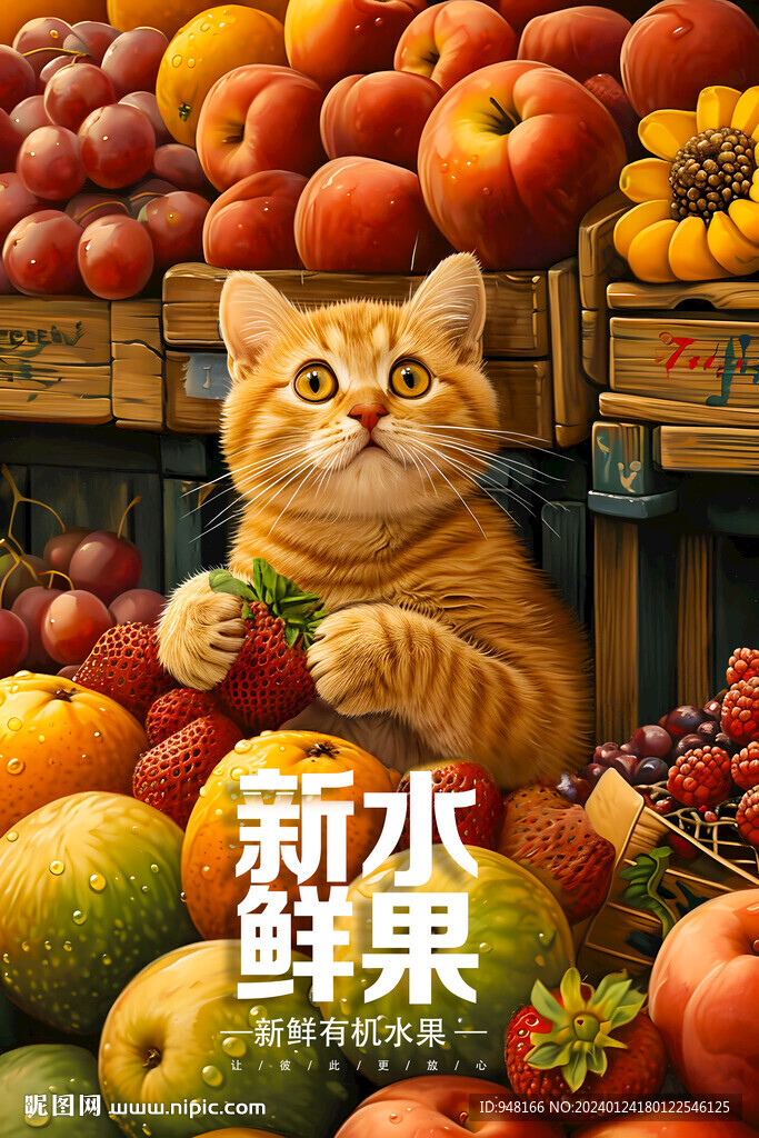 可爱猫咪水果店广告壁画展板设计