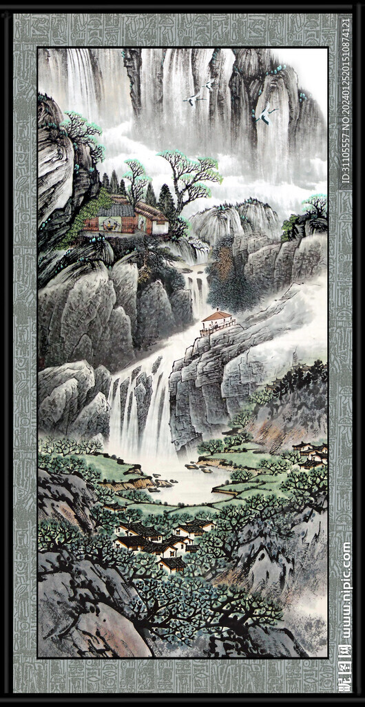 瀑布国画 