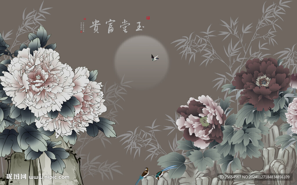 新中式手绘工笔牡丹花鸟背景墙