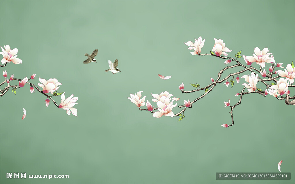 新中式工笔花鸟手绘玉兰花背景墙