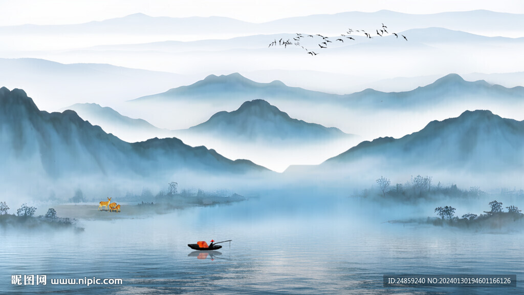 蓝色山水画