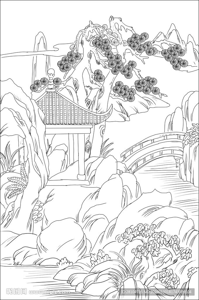 白描古建图