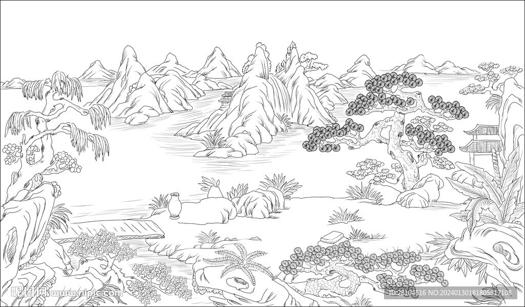 白描山水