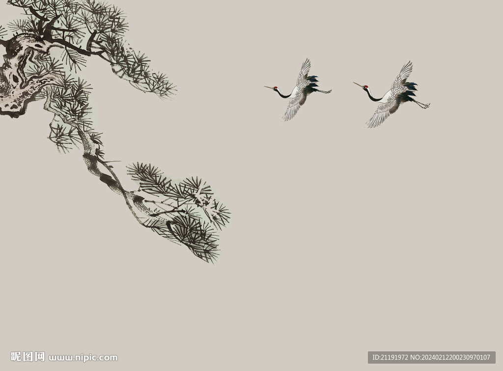 仙鹤松树水墨中式背景墙图片