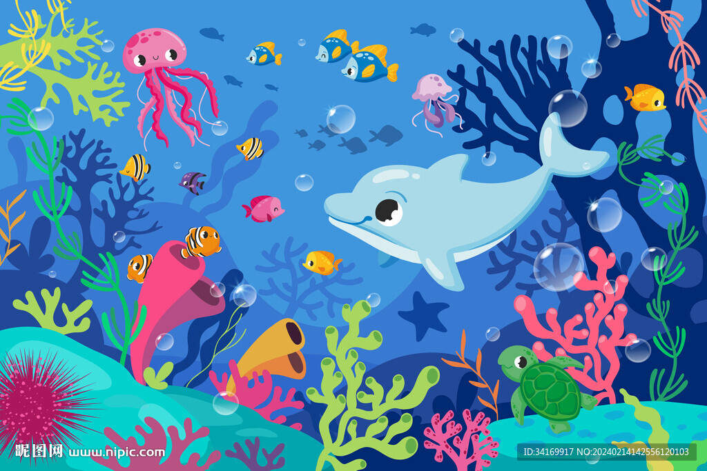 海底世界卡通海豚手绘珊瑚背景墙