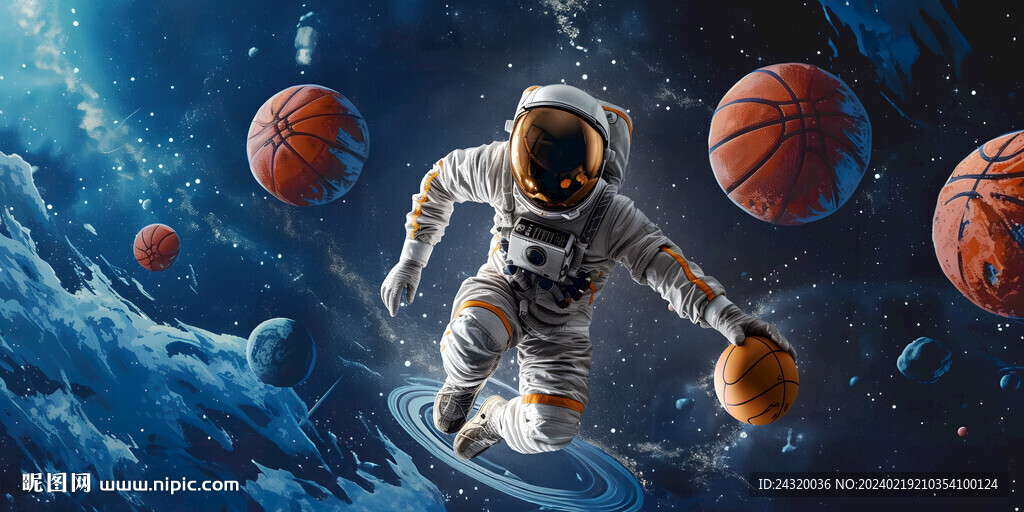 宇航员在太空打篮球系列壁画背景