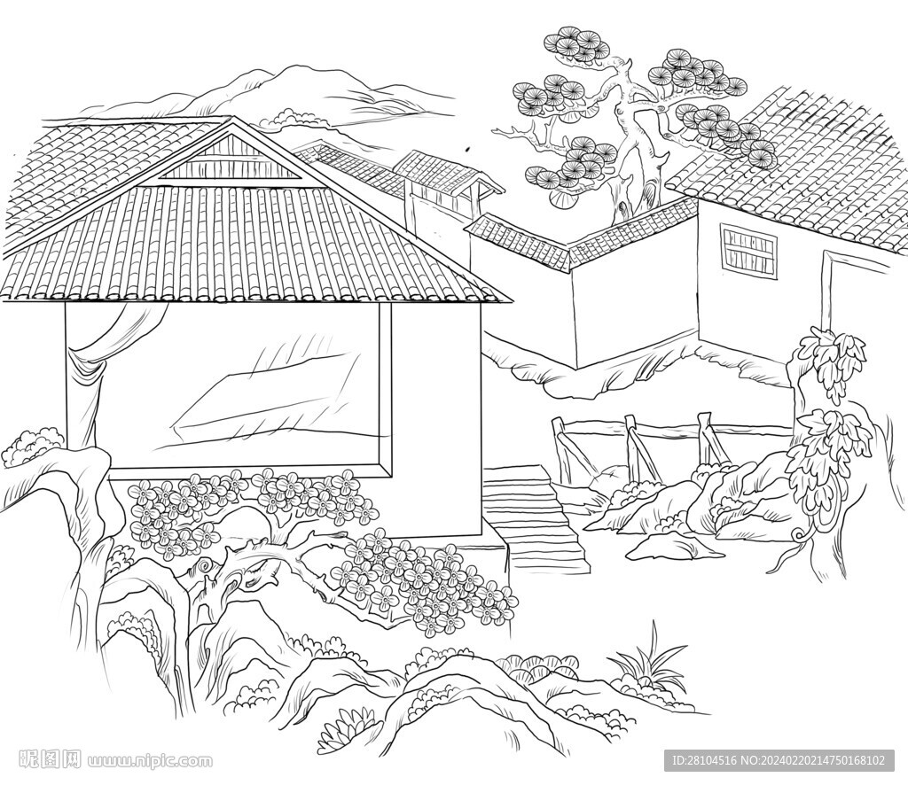 白描古建图