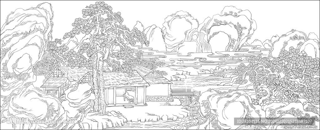 白描山水图