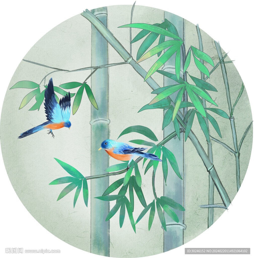 中国风竹叶翠鸟装饰工笔画