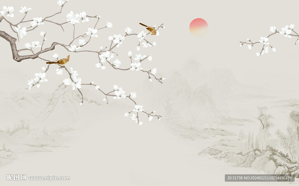 中国风花鸟画背景墙