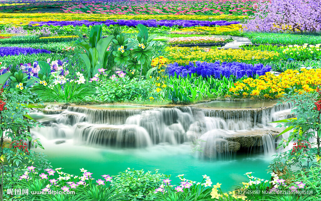 唯美流水花丛壁画
