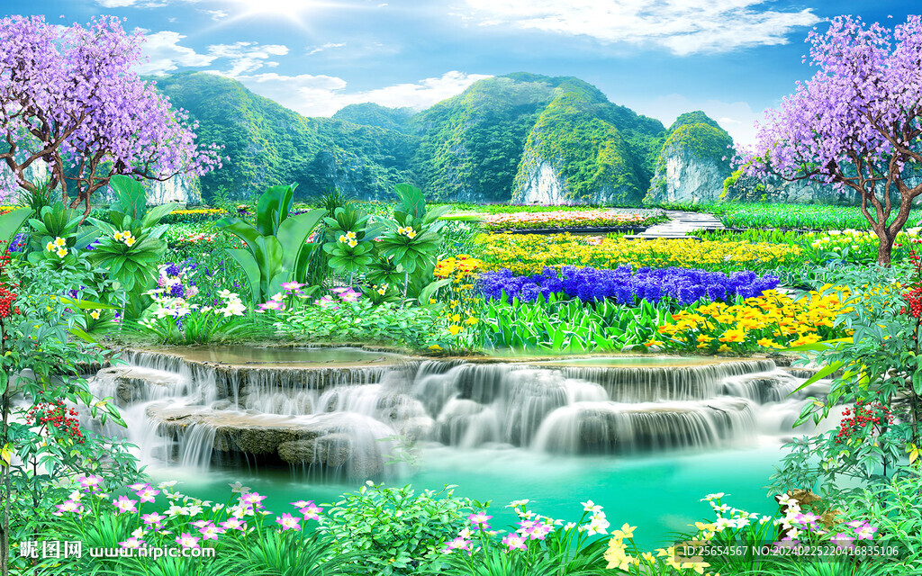 唯美花丛流水背景墙
