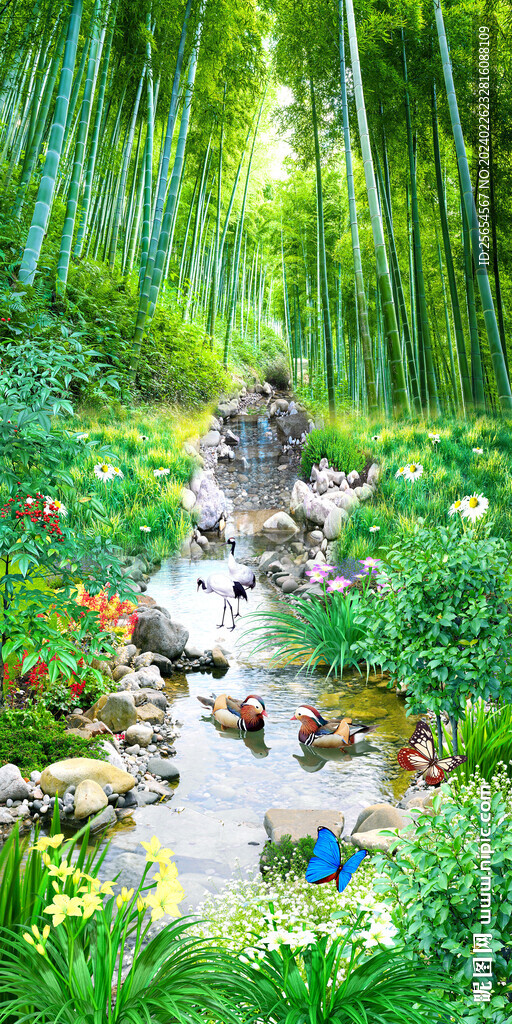 竹林流水生财山水风景画玄关