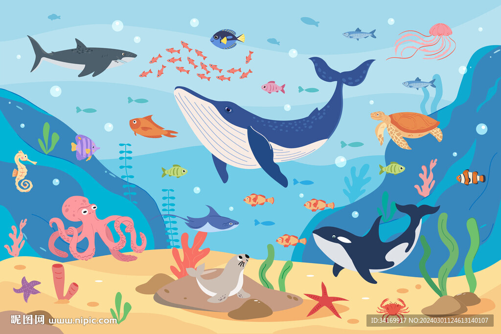 卡通鲸鱼海底动物鲨鱼珊瑚背景墙