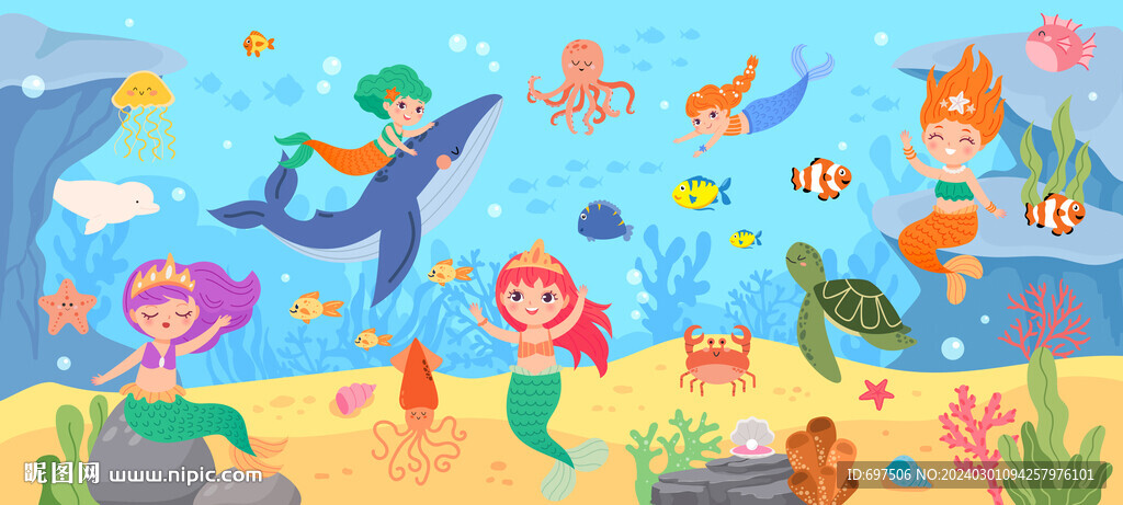 卡通美人鱼鲸鱼海底动物珊瑚背景