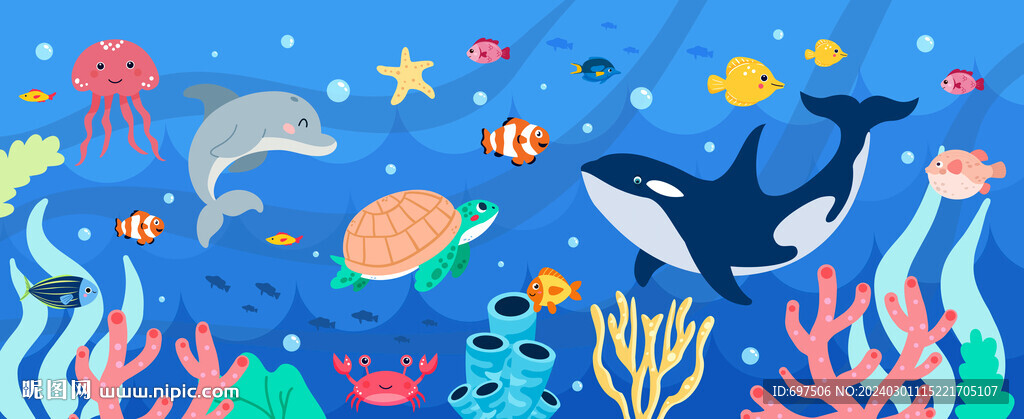 卡通海豚海底鲸鱼热带鱼珊瑚背景