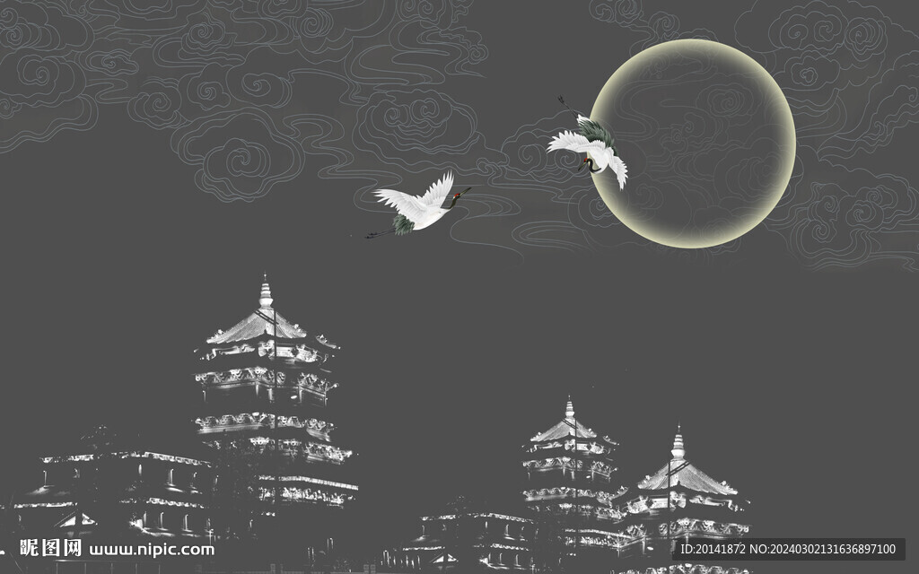 刺绣楼阁瑞鹤图
